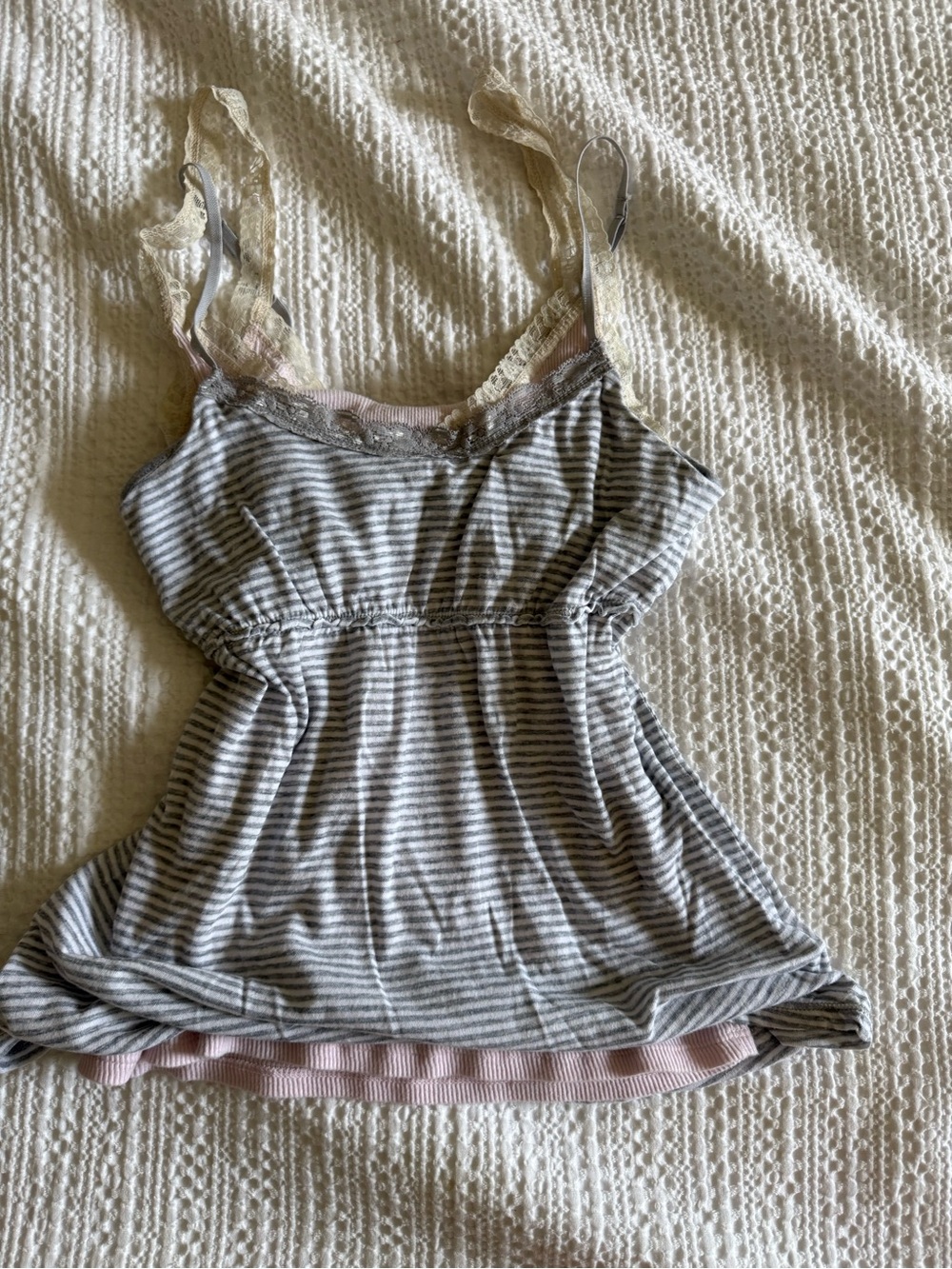 Y2K 2000s Aeropostale summer grey striped babydoll tank top lace cami - Picture 7 of 9
